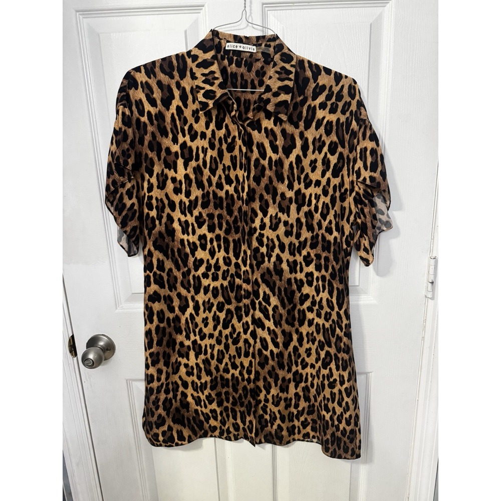 ALICE + OLIVIA Jude Tunic Leopard Short Sleeve Mini Shirt dress M Buttons